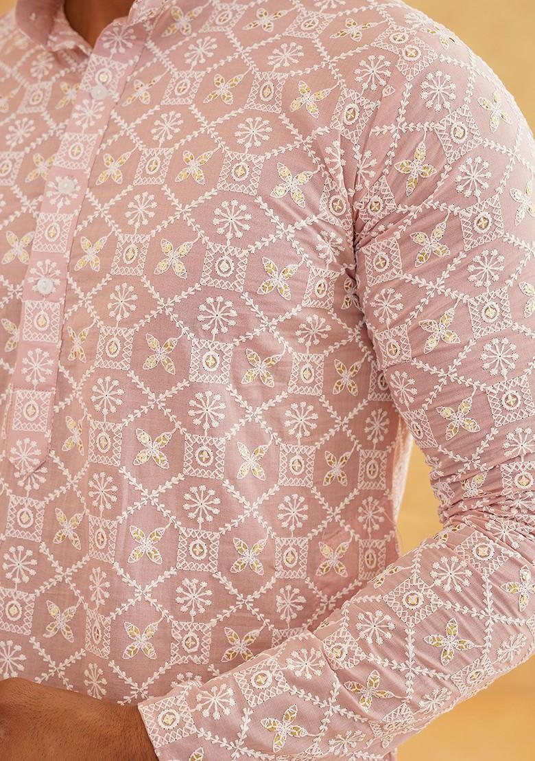 Pink Thread Work Poly Blend Kurta For Men