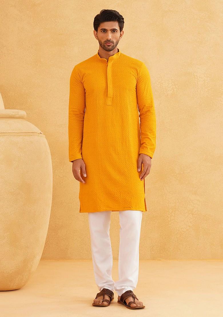Mustard Thread Work Poly Blend Kurta For Men
