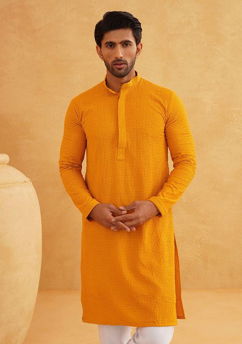 Mustard Thread Work Poly Blend Kurta For Men