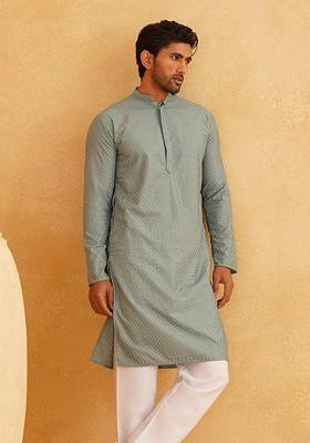 Sea Green Striped Poly Blend Kurta For Men