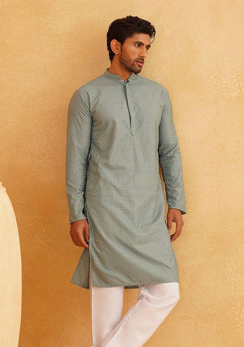 Sea Green Striped Poly Blend Kurta For Men - Indya
