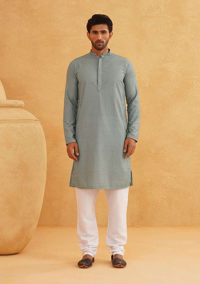 Sea Green Striped Poly Blend Kurta For Men - Indya