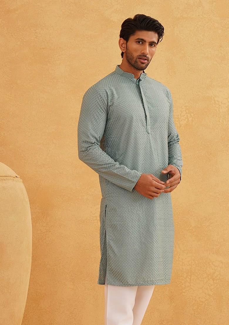 Sea Green Striped Poly Blend Kurta For Men