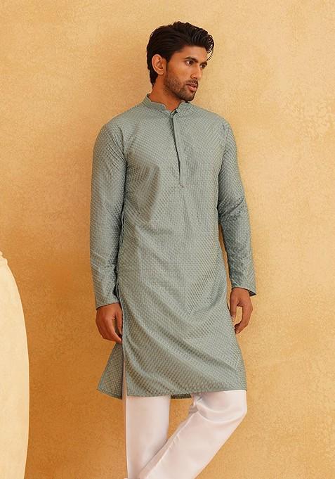 Sea Green Striped Poly Blend Kurta For Men — view on Indya