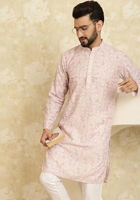 Pink Thread Work Poly Blend Kurta For Men