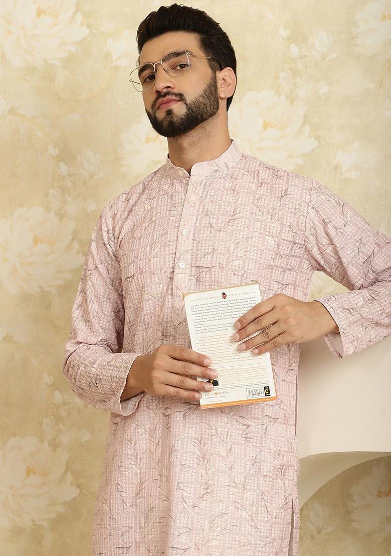Pink Thread Work Poly Blend Kurta For Men