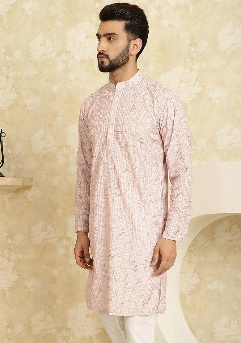 Pink Thread Work Poly Blend Kurta For Men