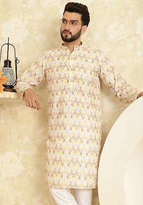 Yellow Printed Poly Blend Kurta For Men