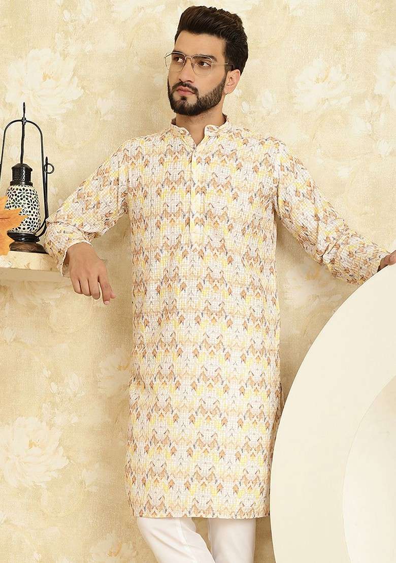 Yellow Printed Poly Blend Kurta For Men - Indya