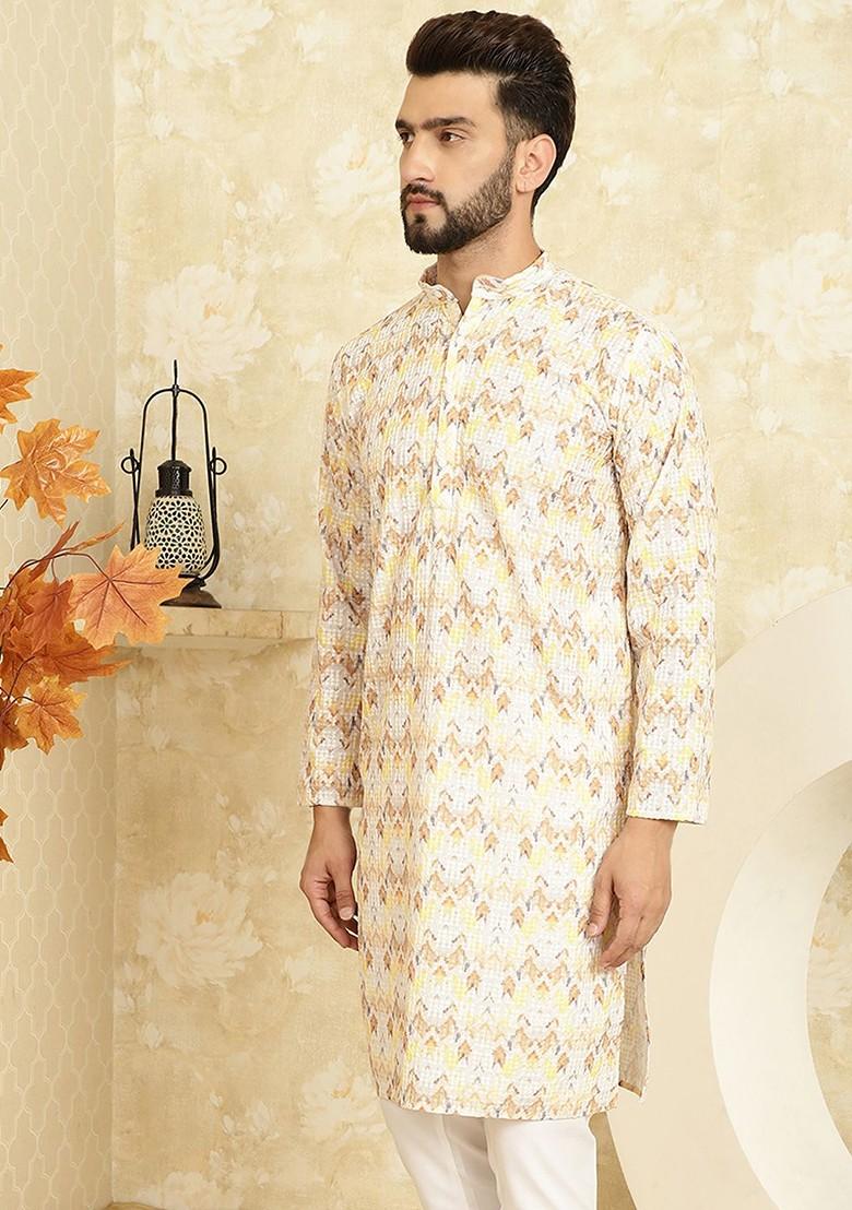 Yellow Printed Poly Blend Kurta For Men