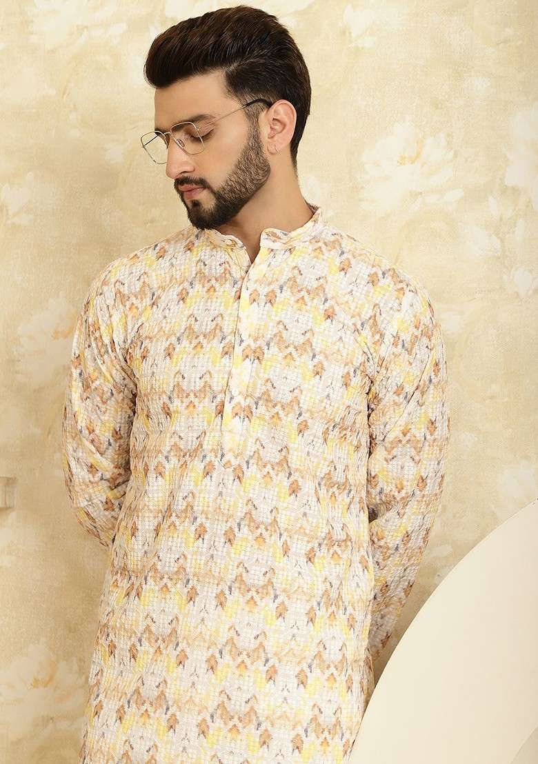 Yellow Printed Poly Blend Kurta For Men - Indya