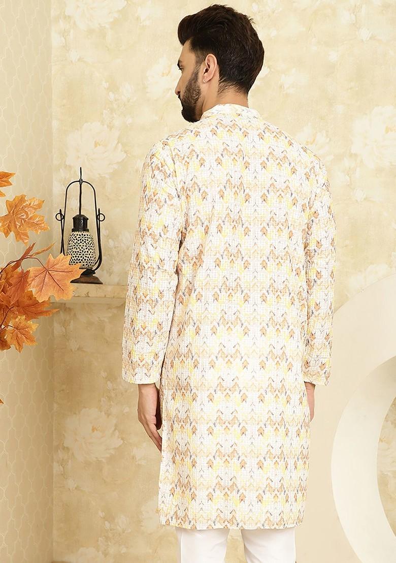 Yellow Printed Poly Blend Kurta For Men