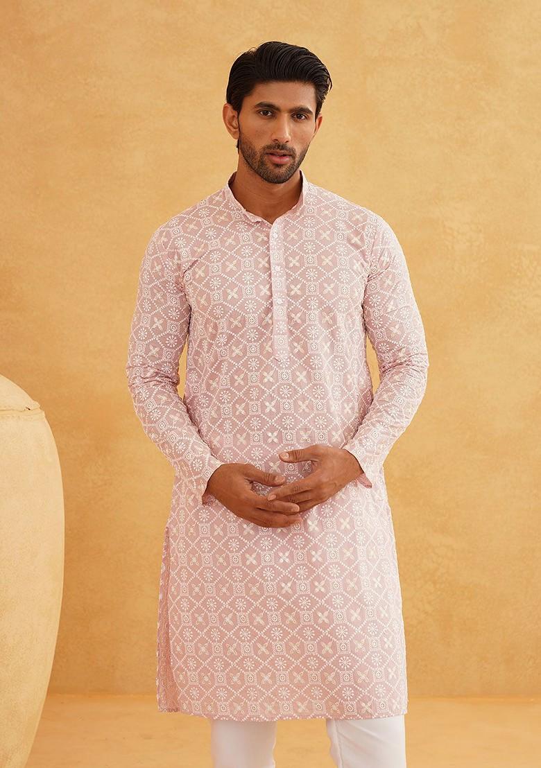 Pink Thread Work Poly Blend Kurta For Men