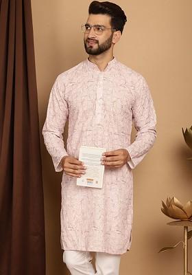 Pink Thread Work Poly Blend Kurta For Men