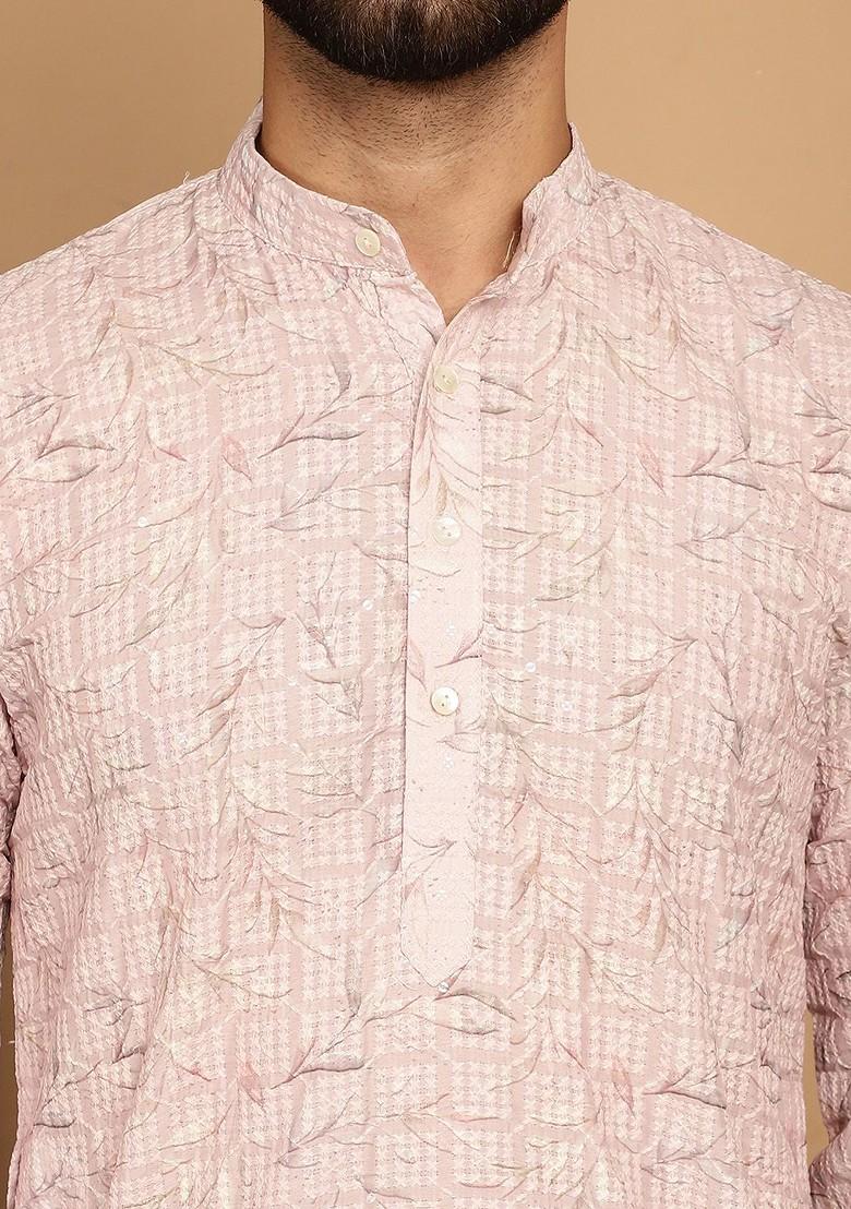Pink Thread Work Poly Blend Kurta For Men