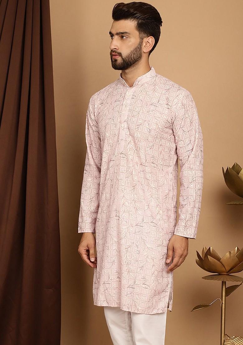 Pink Thread Work Poly Blend Kurta For Men