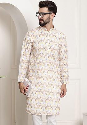 Yellow Floral Print Poly Blend Kurta For Men