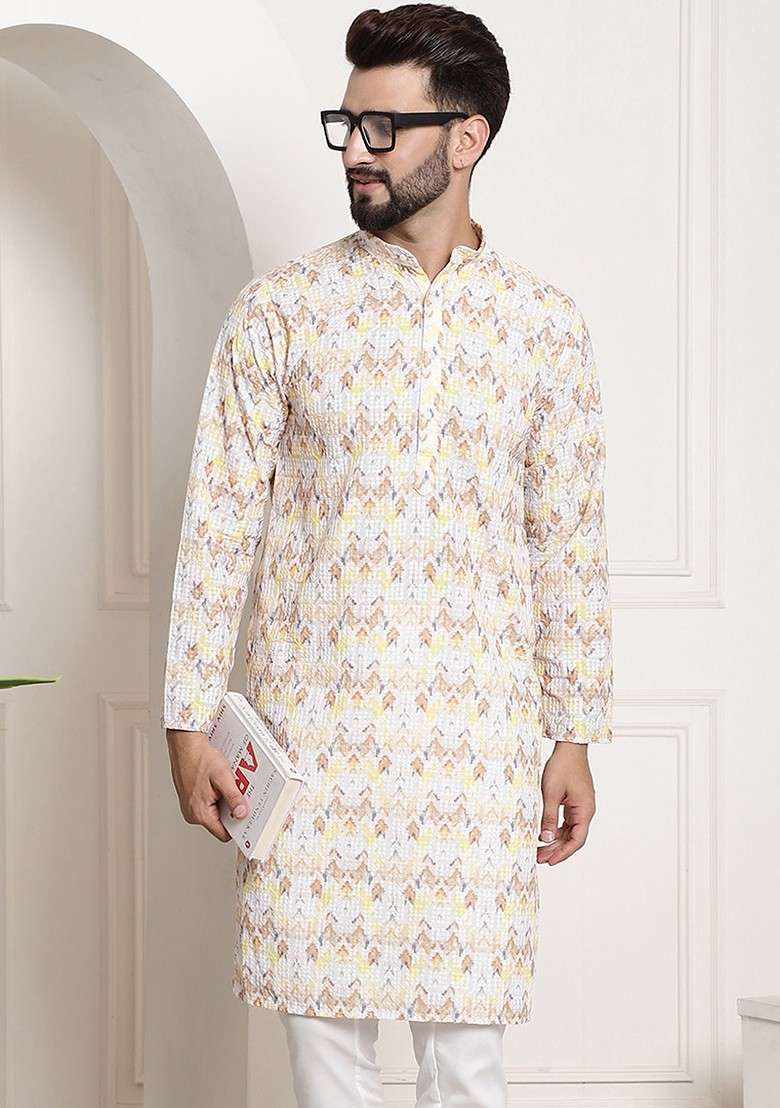 Yellow Floral Print Poly Blend Kurta For Men - Indya