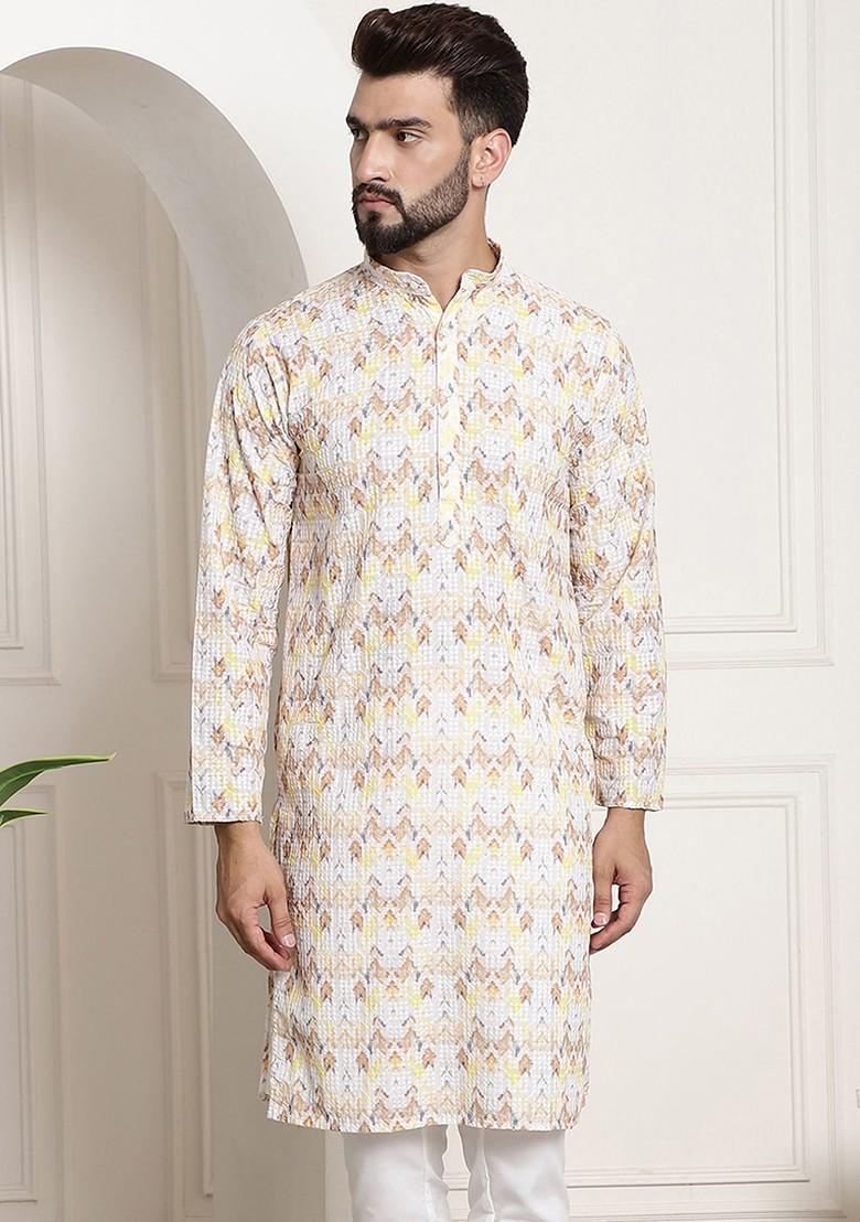 Yellow Floral Print Poly Blend Kurta For Men