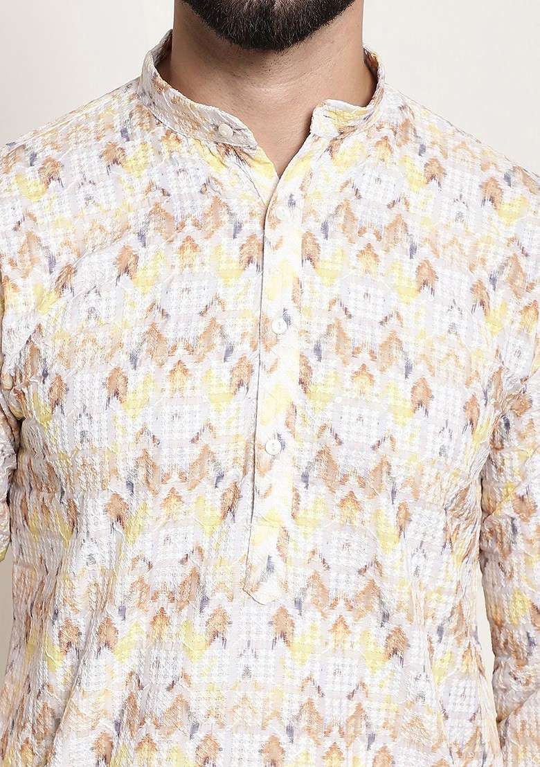 Yellow Floral Print Poly Blend Kurta For Men - Indya