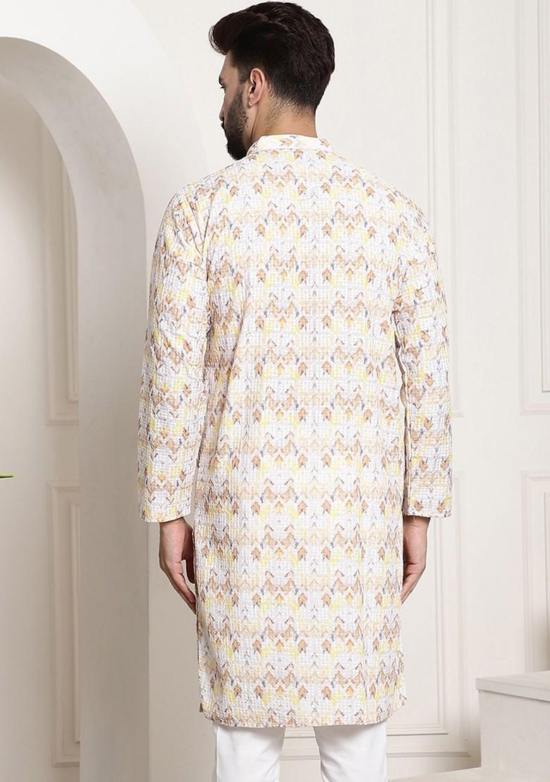 Yellow Floral Print Poly Blend Kurta For Men