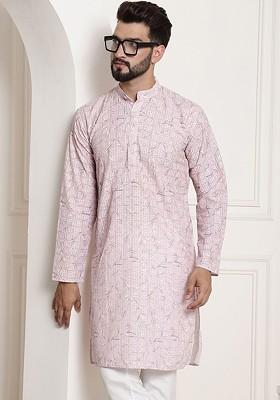 Pink Thread Work Poly Blend Kurta For Men