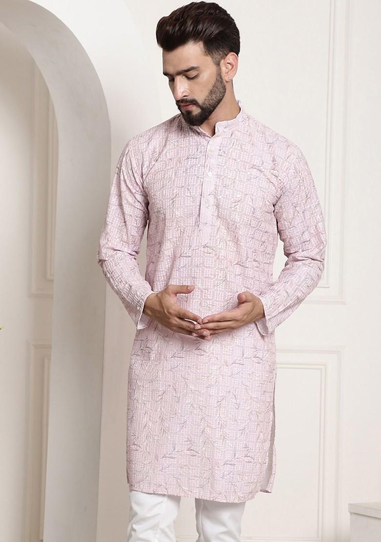 Pink Thread Work Poly Blend Kurta For Men