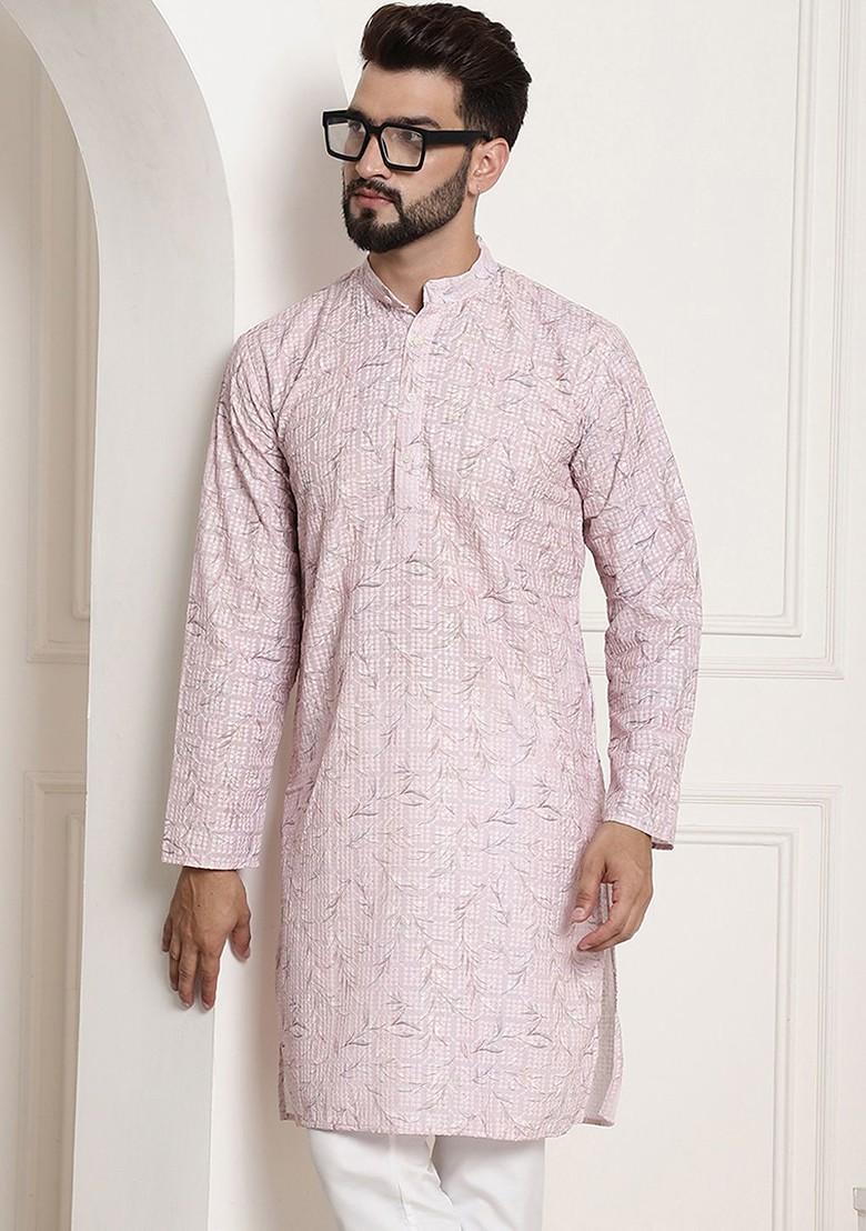 Pink Thread Work Poly Blend Kurta For Men