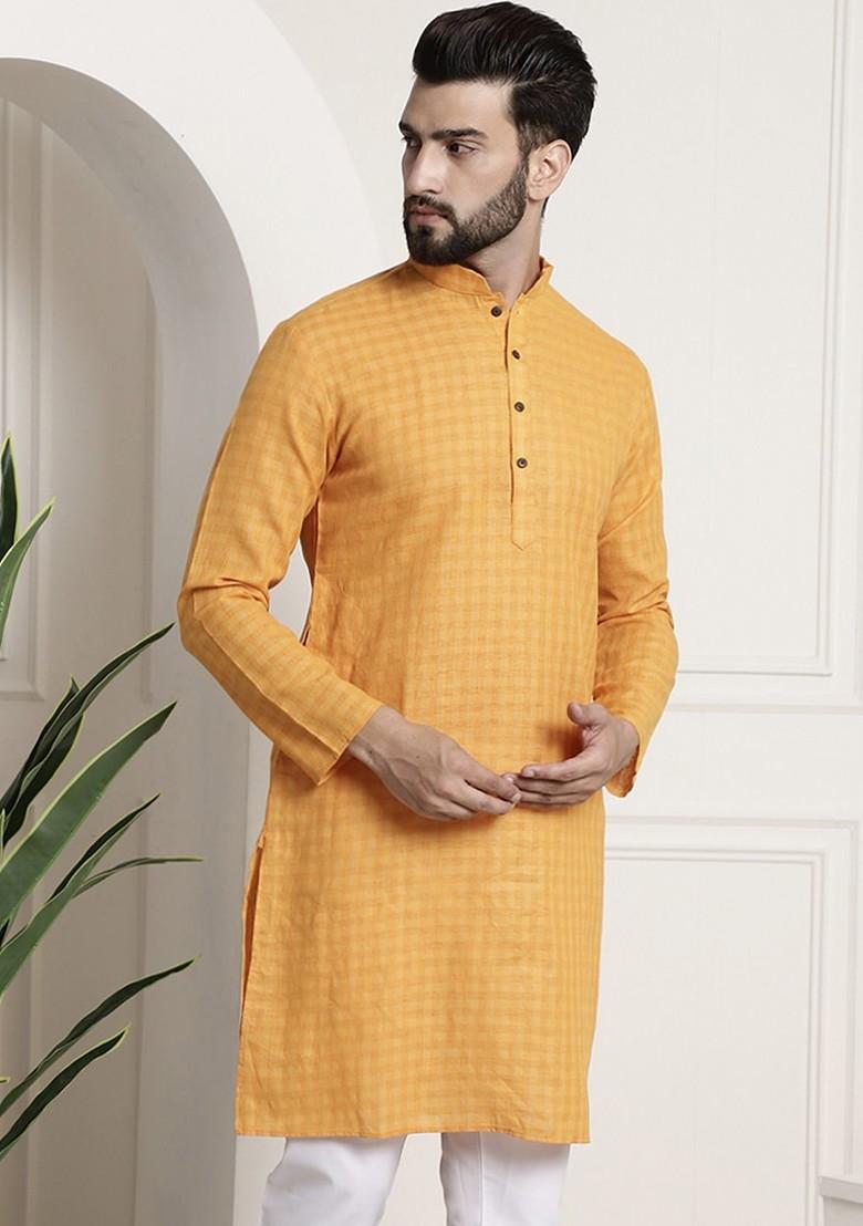 Mustard Checked Poly Blend Kurta For Men