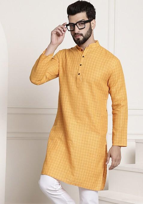 Mustard Checked Poly Blend Kurta For Men — view on Indya