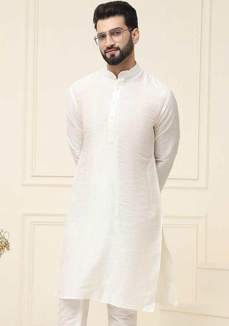 Off White Solid Poly Blend Kurta For Men