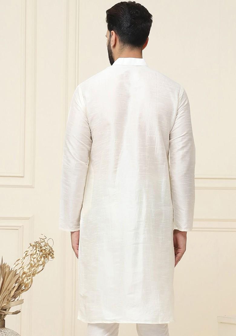 Off White Solid Poly Blend Kurta For Men