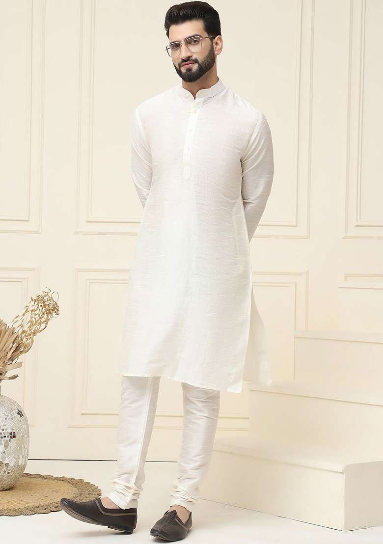Off White Solid Poly Blend Kurta For Men - Indya