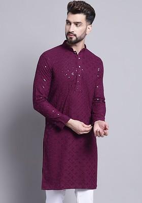 Purple Embroidered Cotton Kurta For Men