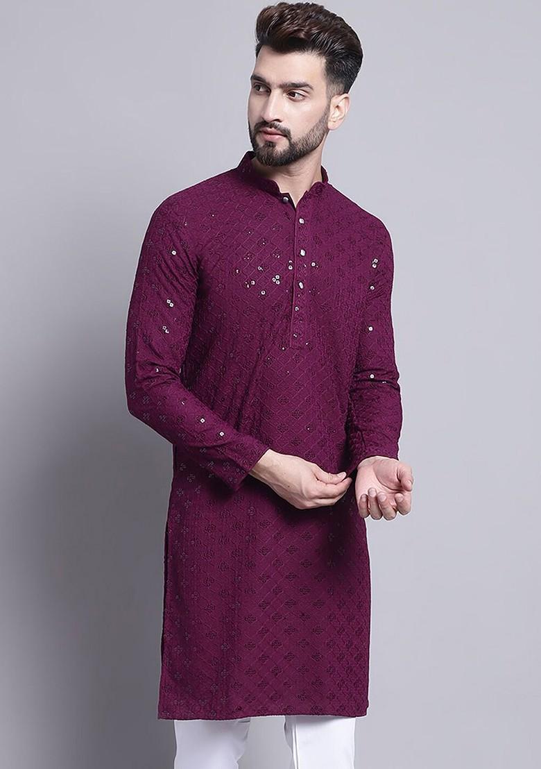 Purple Embroidered Cotton Kurta For Men