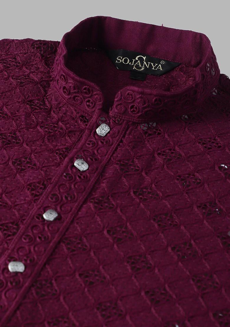 Purple Embroidered Cotton Kurta For Men