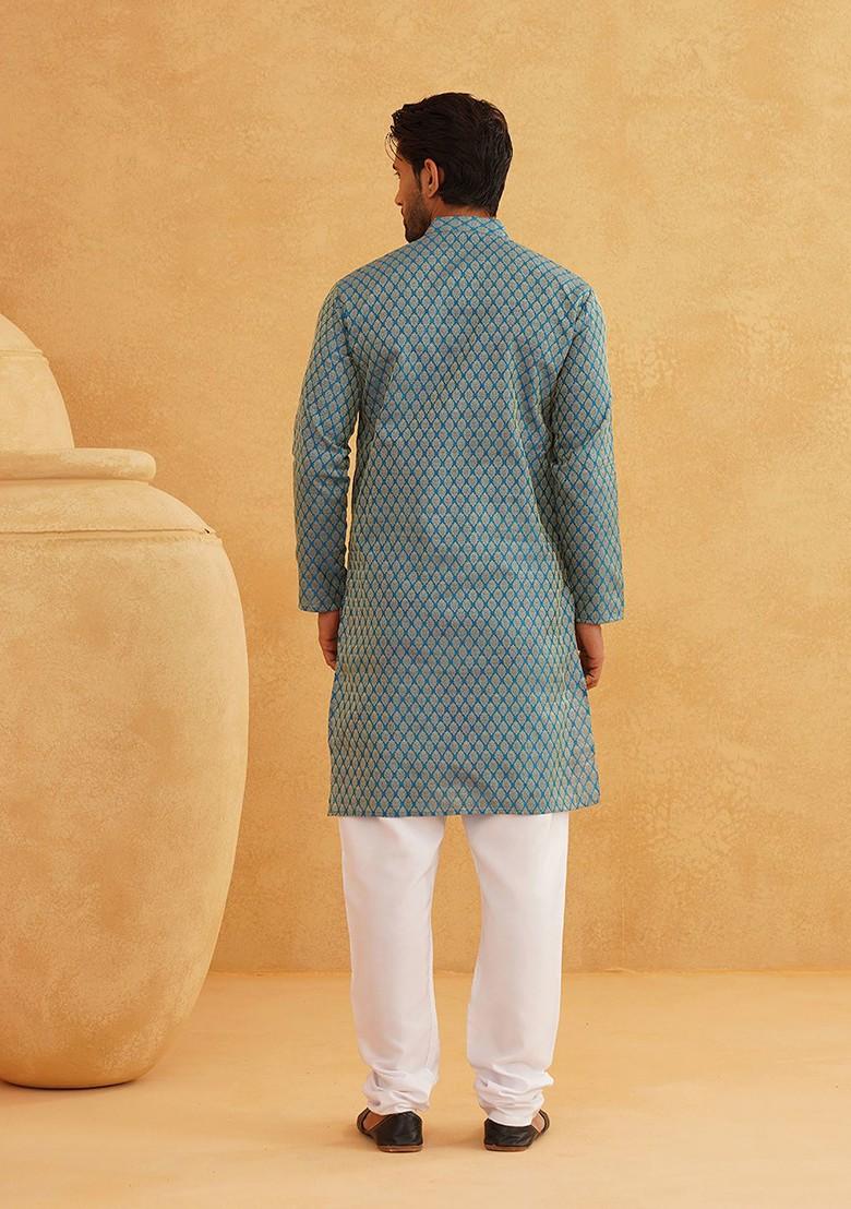 Blue Ethnic Motifs Silk Kurta For Men