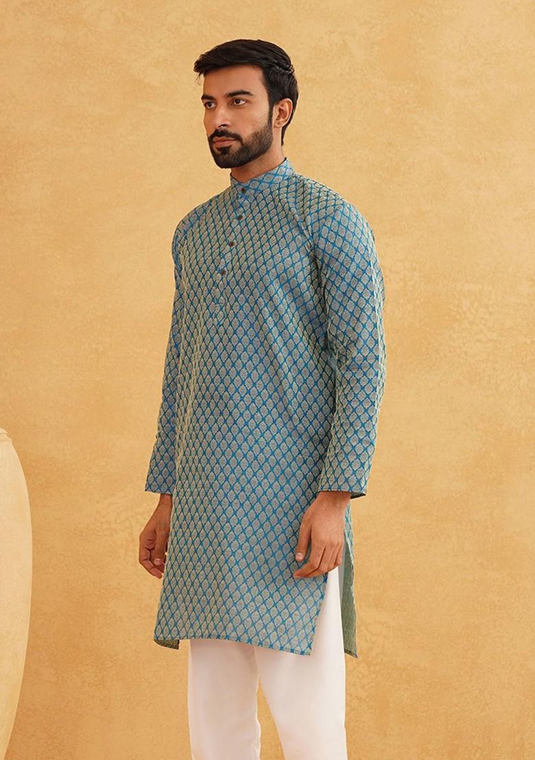 Blue Ethnic Motifs Silk Kurta For Men