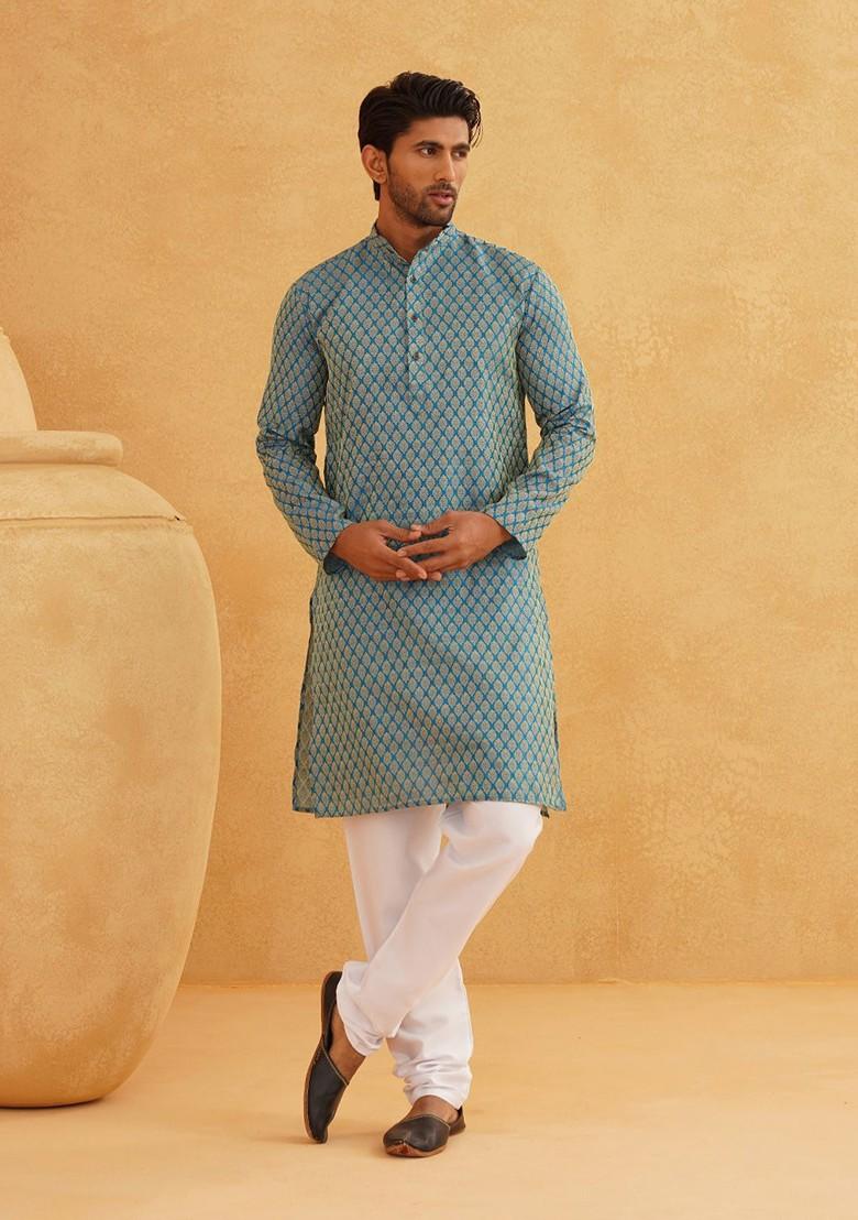 Blue Ethnic Motifs Silk Kurta For Men