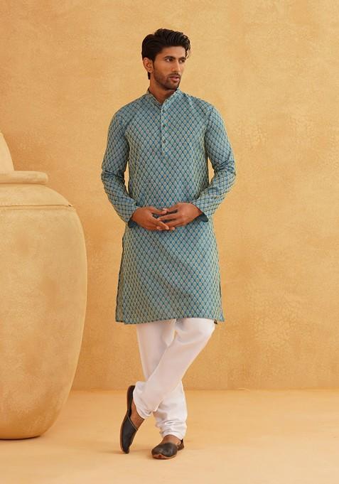 Blue Ethnic Motifs Silk Kurta For Men