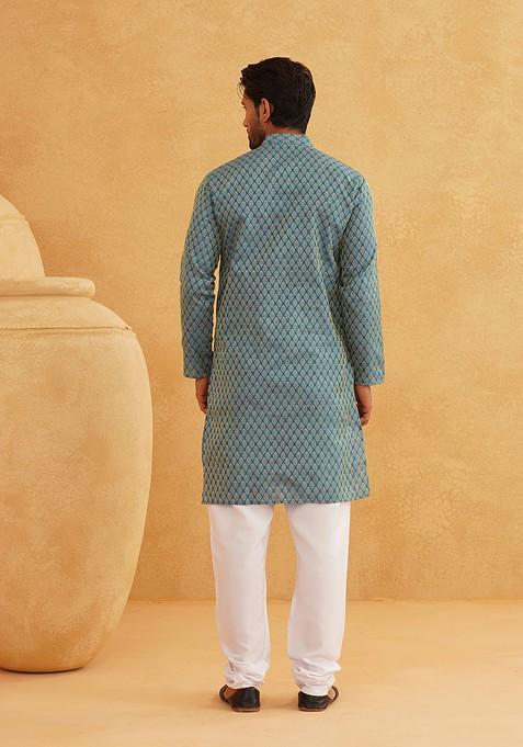 Blue Ethnic Motifs Silk Kurta For Men