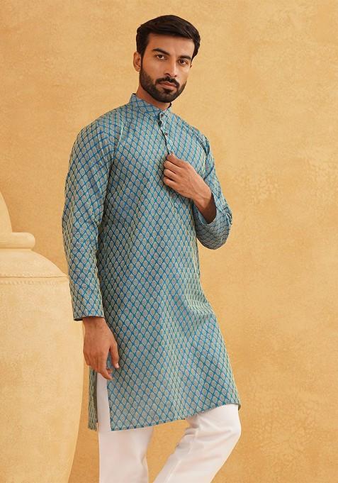Blue Ethnic Motifs Silk Kurta For Men