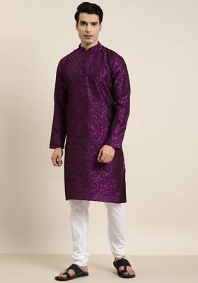 Purple Solid Poly Blend Kurta For Men