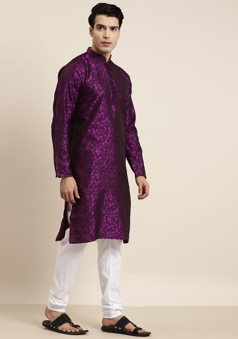 Purple Solid Poly Blend Kurta For Men