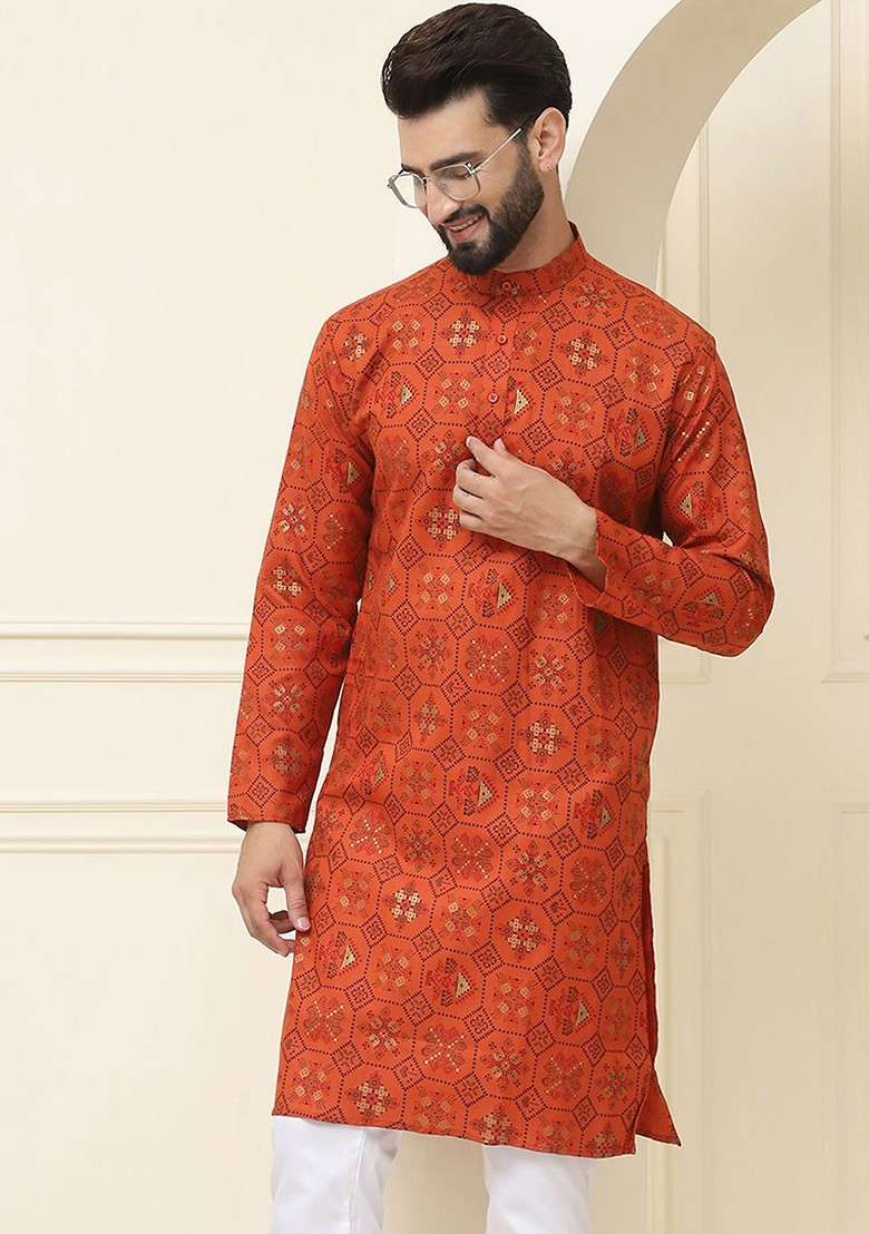 Orange Printed Cotton Kurta For Men - Indya