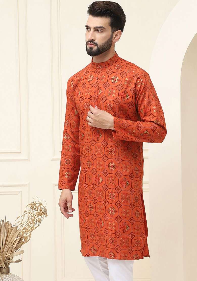Orange Printed Cotton Kurta For Men - Indya