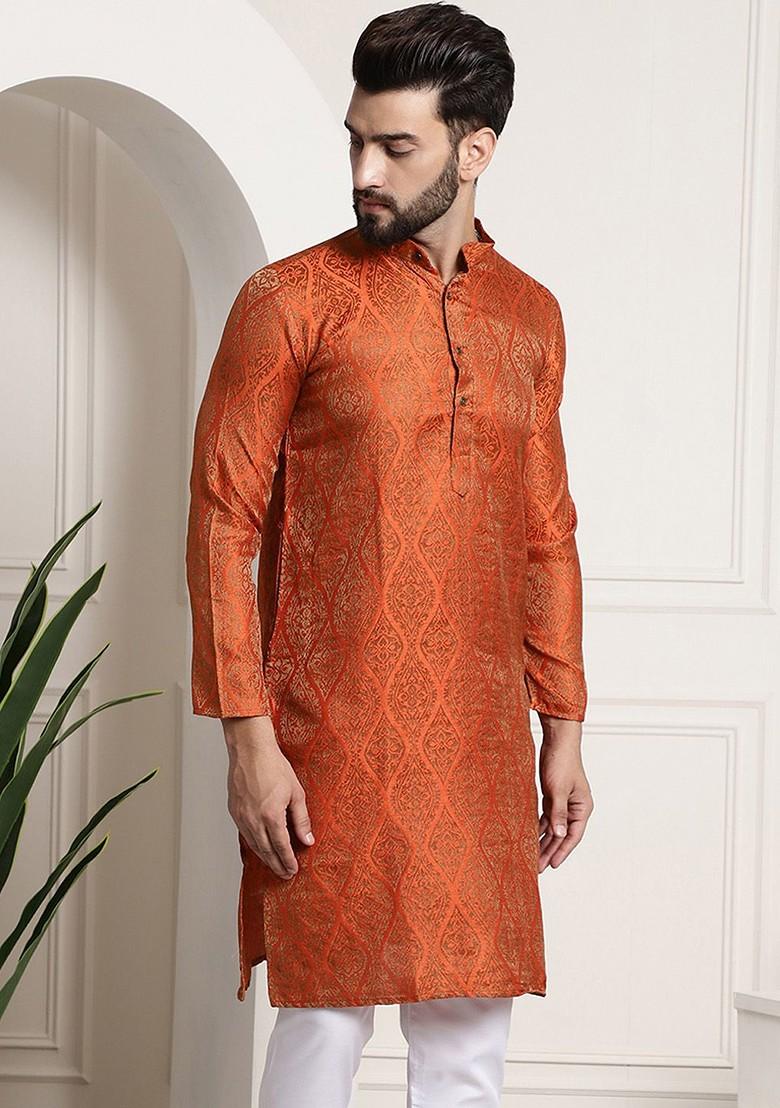 Orange Woven Jacquard Kurta For Men