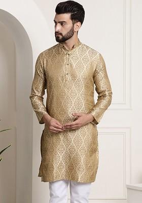 Beige Ethnic Motifs Jacquard Kurta For Men