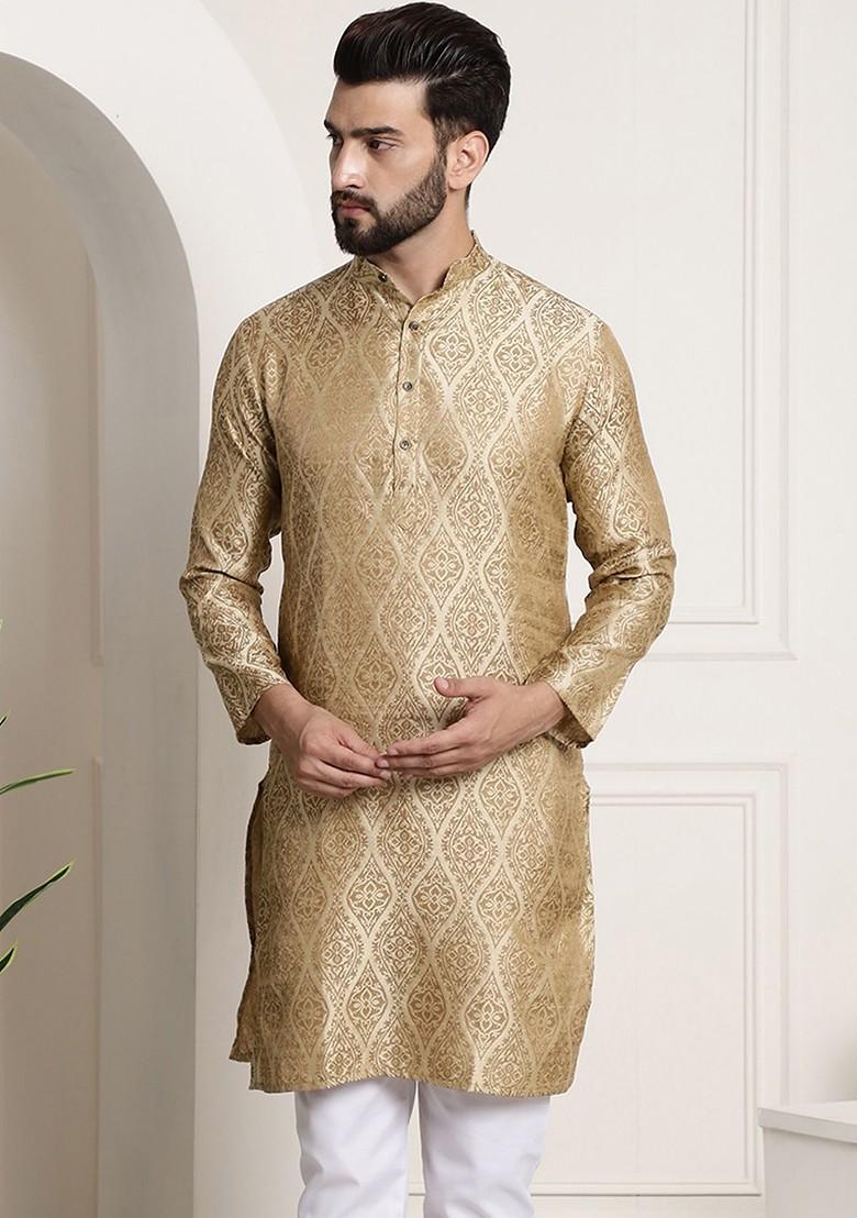 Beige Ethnic Motifs Jacquard Kurta For Men