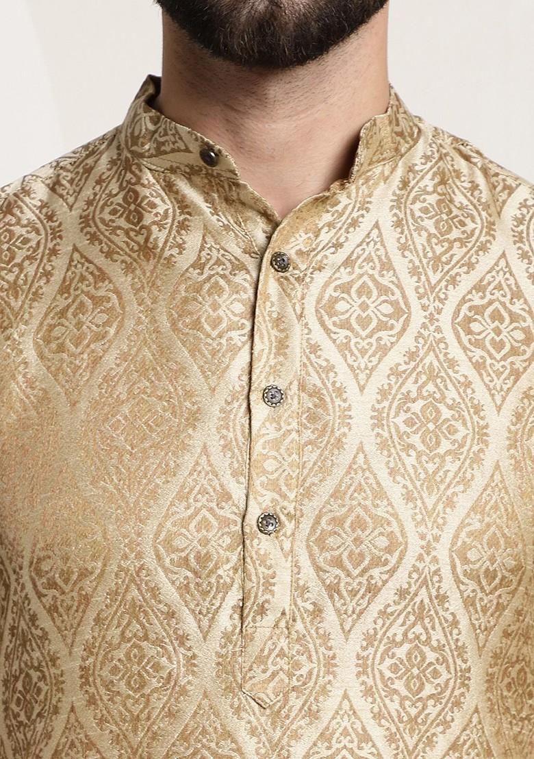 Beige Ethnic Motifs Jacquard Kurta For Men